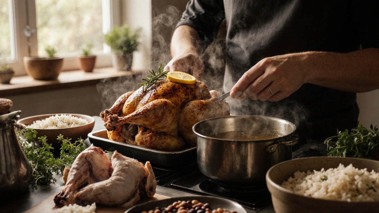 A home kitchen with a roasted whole chicken being carved, bones ready for broth, surrounded by simple ingredients and natural light.