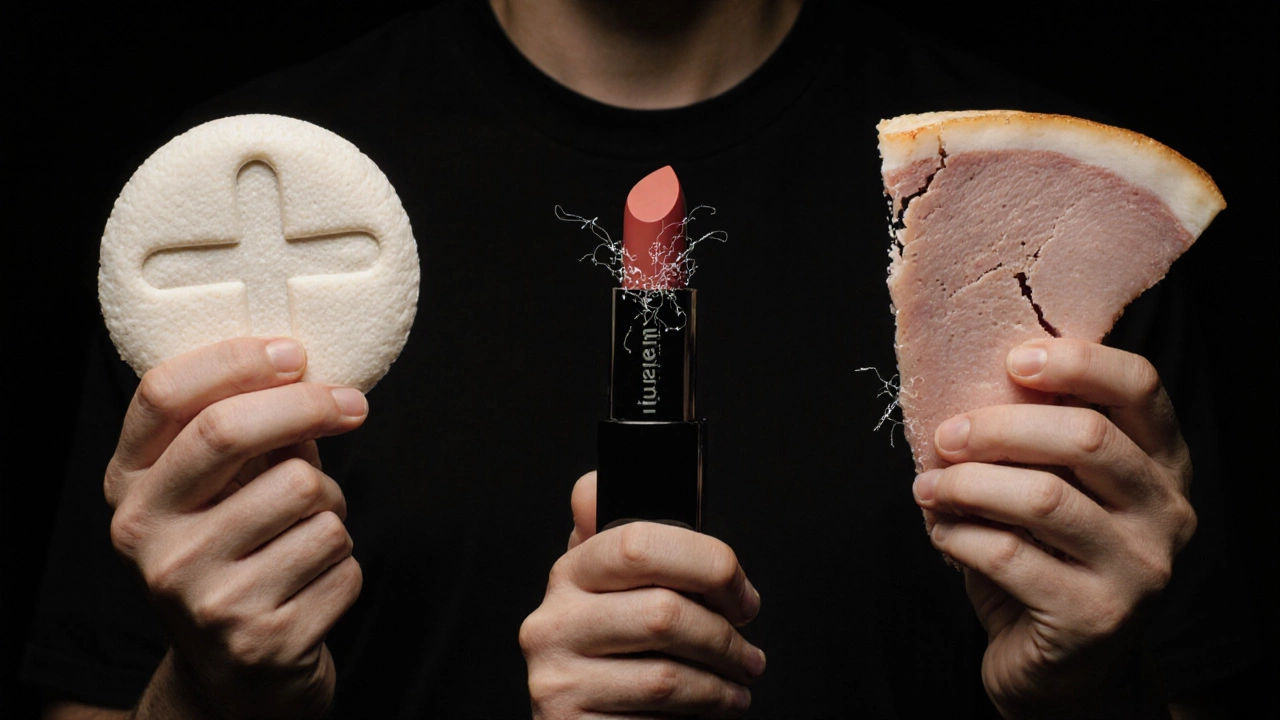 A person holding communion wafer, lipstick, and deli meat, all revealing hidden gluten particles inside.