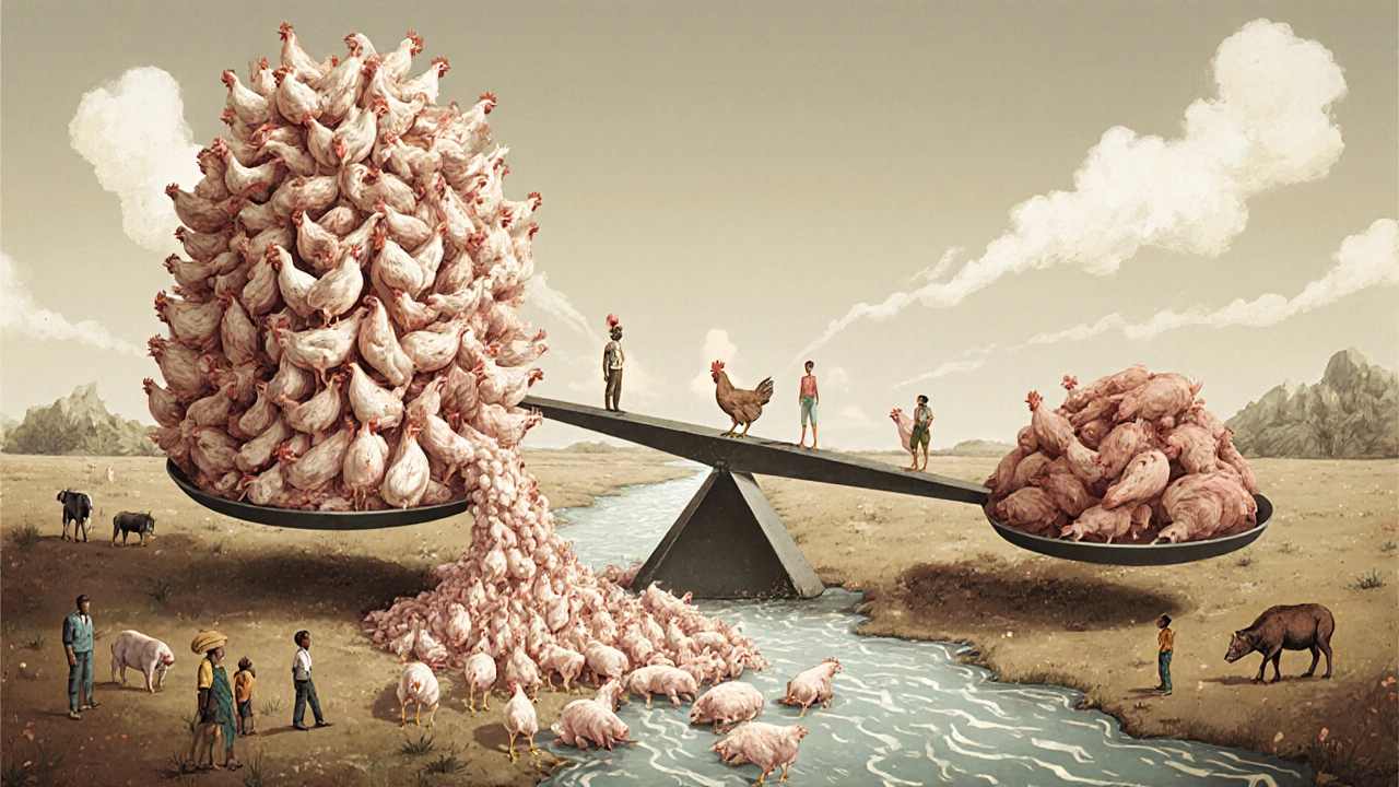 A symbolic scale showing chicken outweighing pork and beef, with farmers and families observing, highlighting chicken's global dominance.