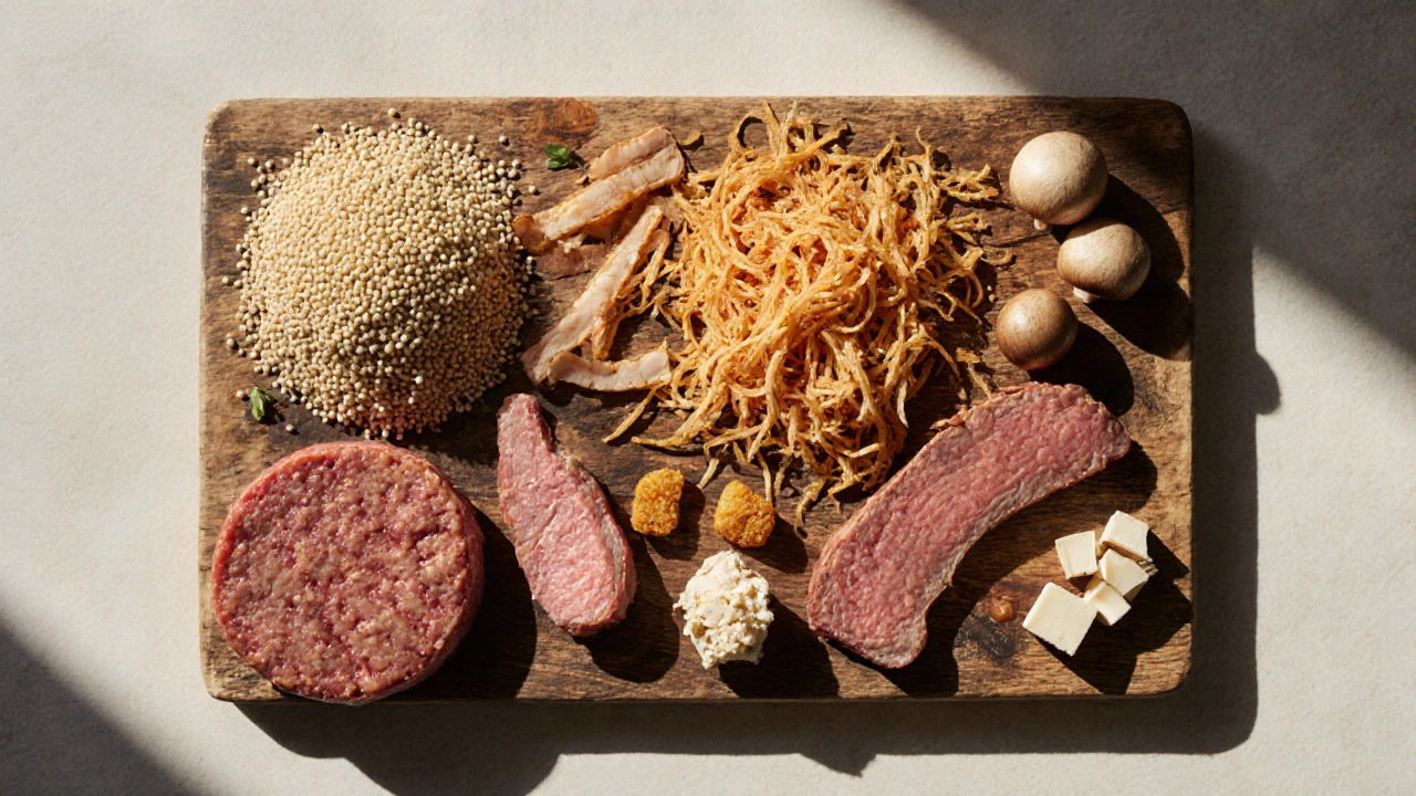 Assortment of meat‑like foods arranged on a wooden board.