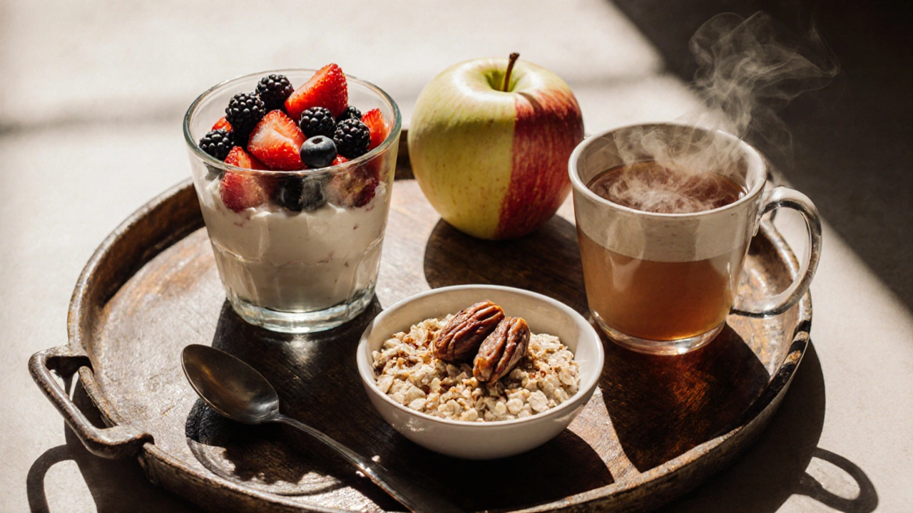Balanced breakfast tray with yogurt, berries, apple, almond butter, and oatmeal with dates.