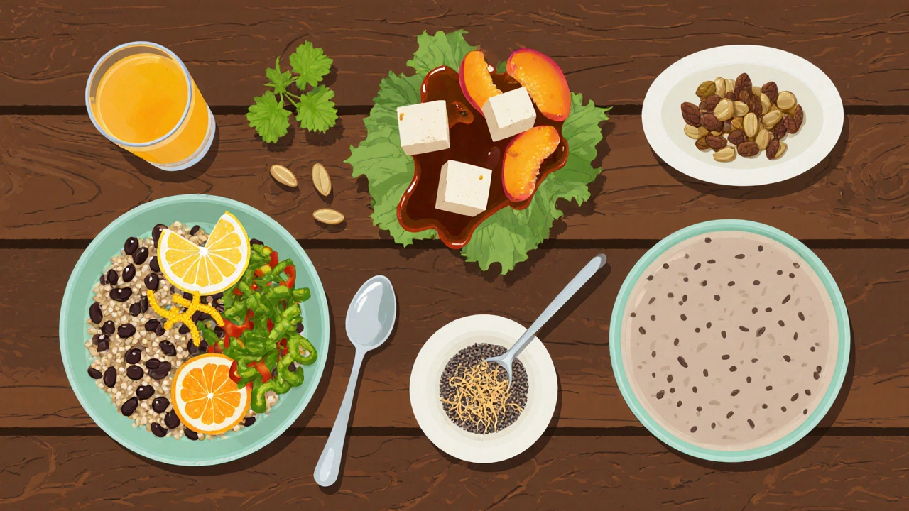 Balanced vegetarian plate showing quinoa‑bean bowl, tofu, pumpkin seeds, fortified juice, algal oil, and chia pudding.