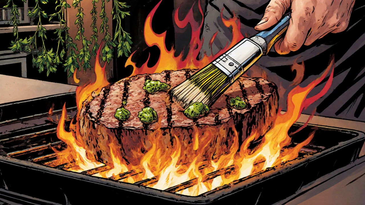 Chef searing a seitan steak on a grill, flames and char marks visible.