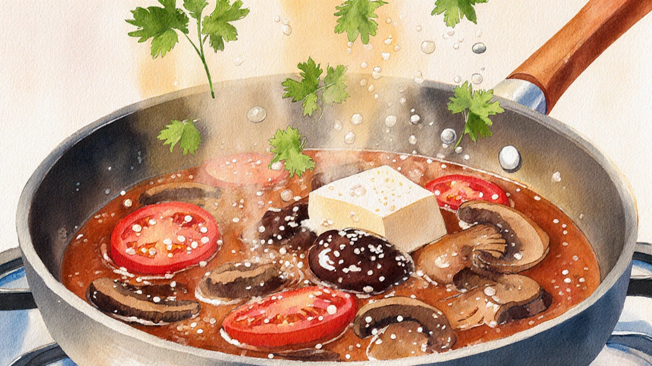 Close‑up of skillet with tomatoes, mushrooms, soy sauce, and miso creating a rich umami sauce.