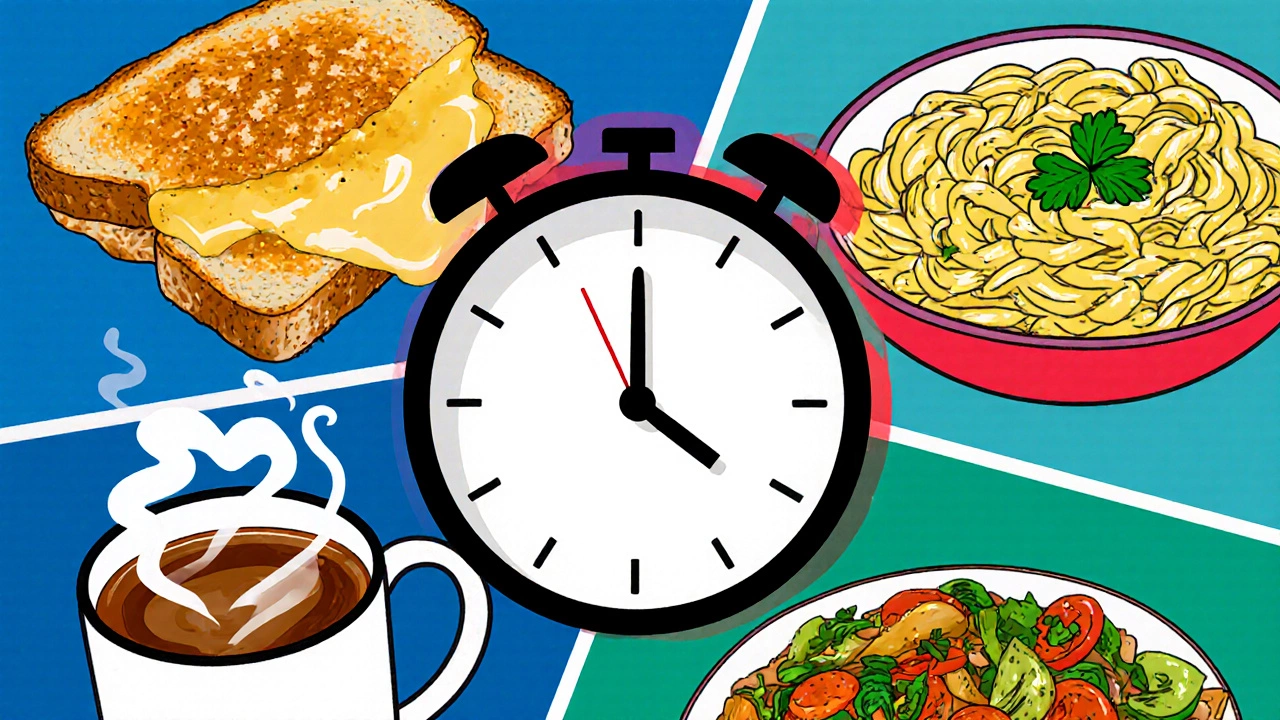 Collage of grilled cheese, scrambled eggs, pasta, mug cake, stir‑fry with timer.