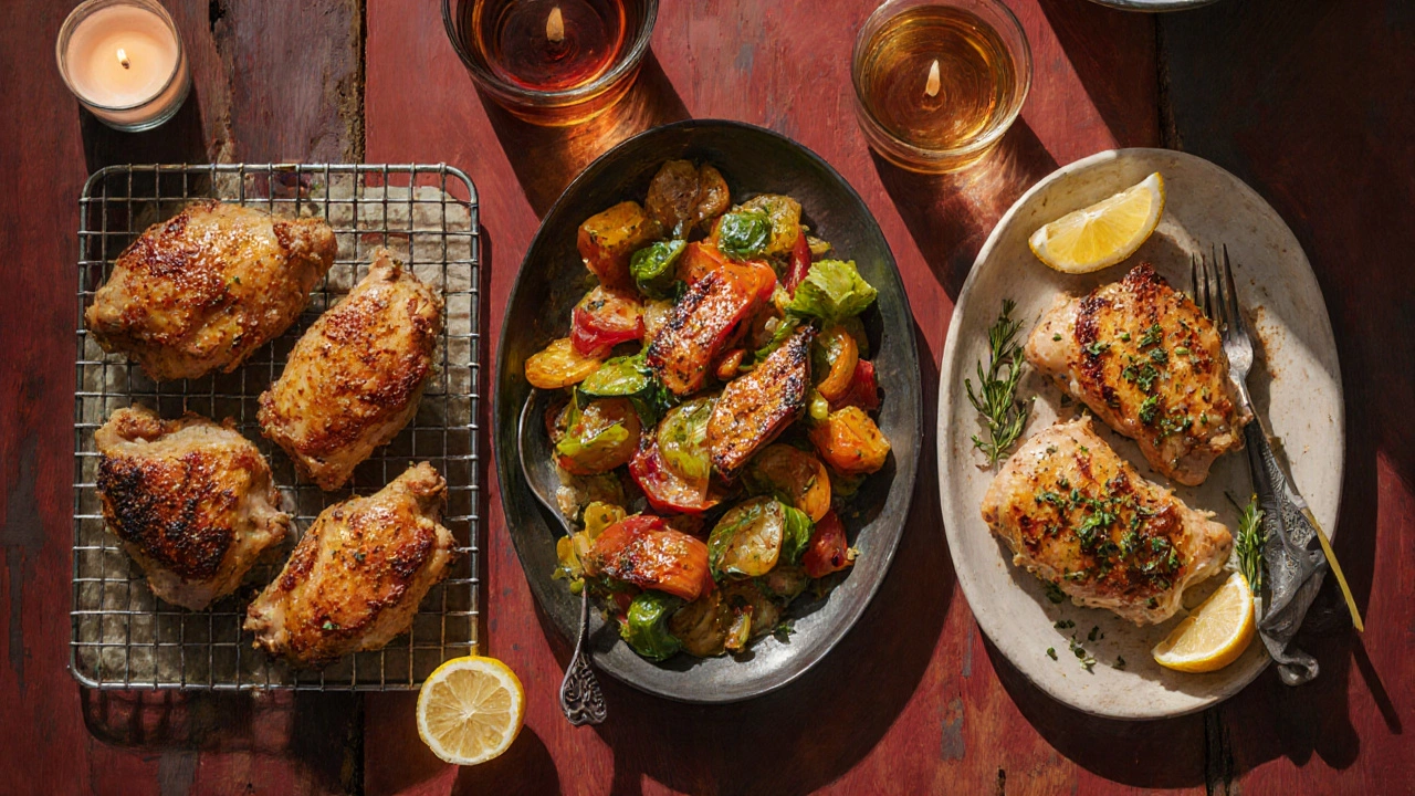 Crispy oven‑baked chicken thighs, golden skin on a rustic plate with herbs and lemon wedges.
