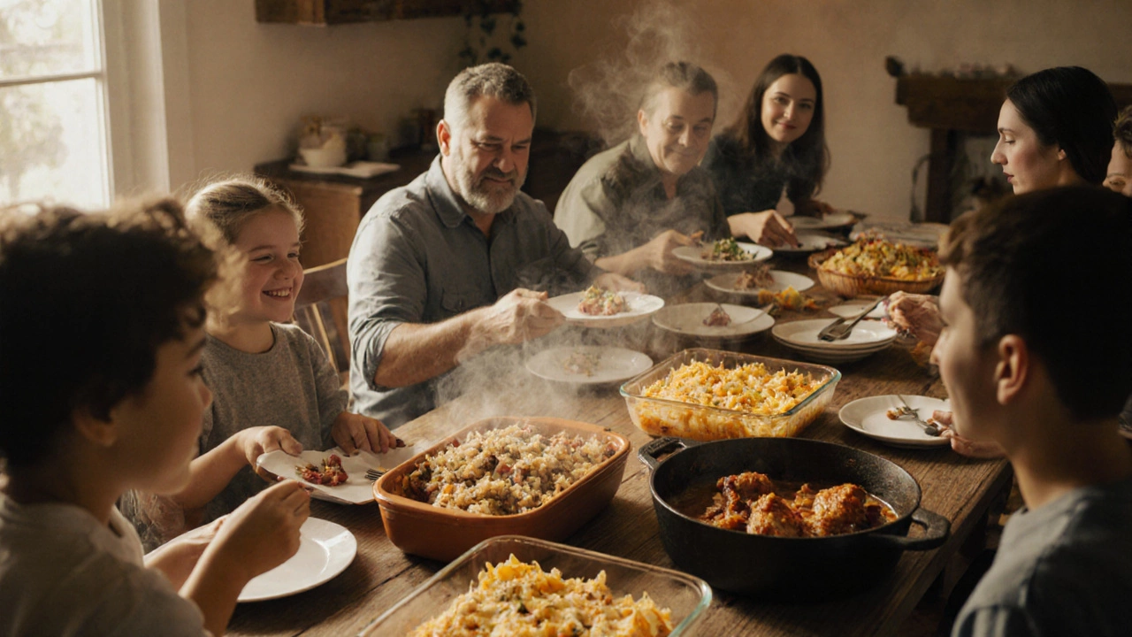 Eight people enjoying rice, pasta bake, and chicken stew at a warmly lit dinner table.