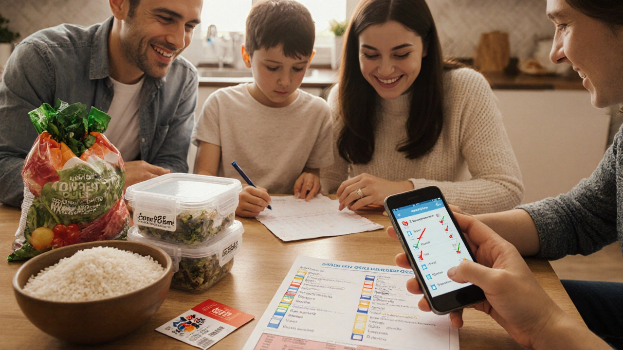 Family reviewing shopping checklist with apps, coupons, bulk containers in cozy kitchen.