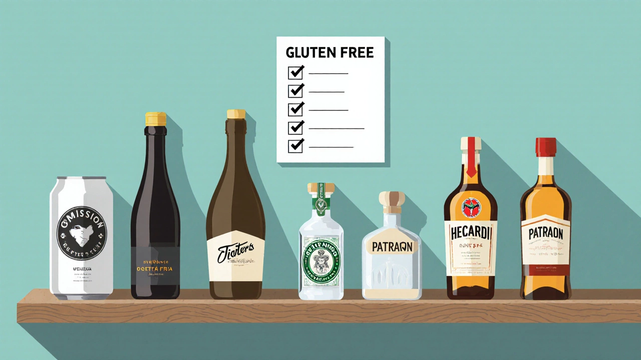 Flat‑design bar shelf displaying gluten‑free beer, wine, vodka, gin, rum, and tequila.