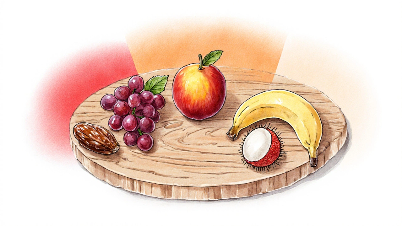 Flat‑lay of dates, grapes, mango, banana, and lychee each with colored halos.