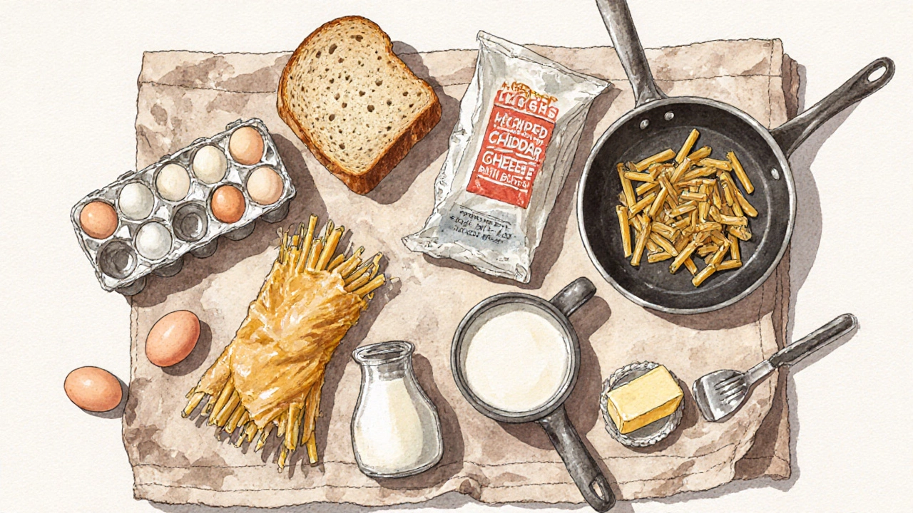 Flat lay of eggs, bread, pasta, cheese, milk, butter with skillet, saucepan, mug.