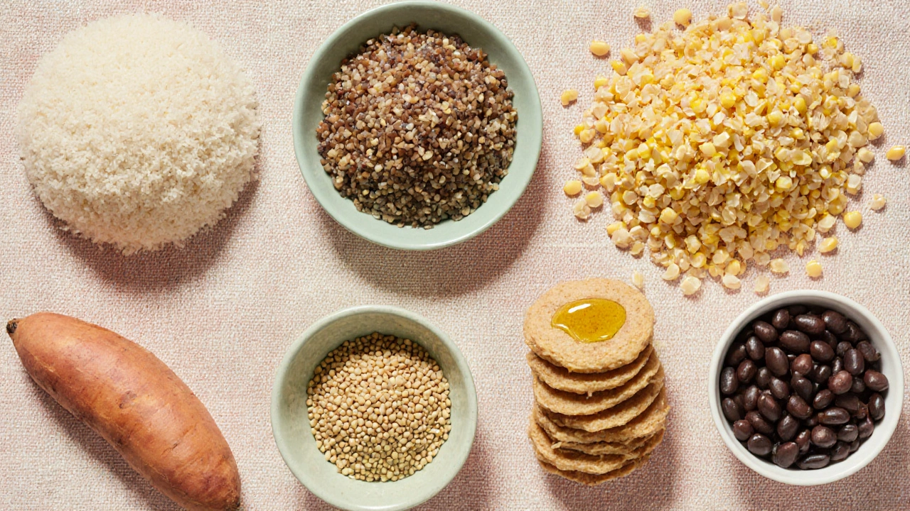 Flat lay of quinoa, rice, corn kernels, buckwheat pancakes, popped amaranth, millet, sweet potato slices, and black beans on pastel linen.