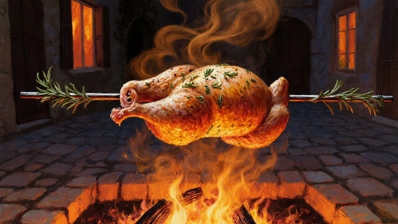 Golden‑browned Bresse chicken roasting on a spit over a wood fire at dusk.
