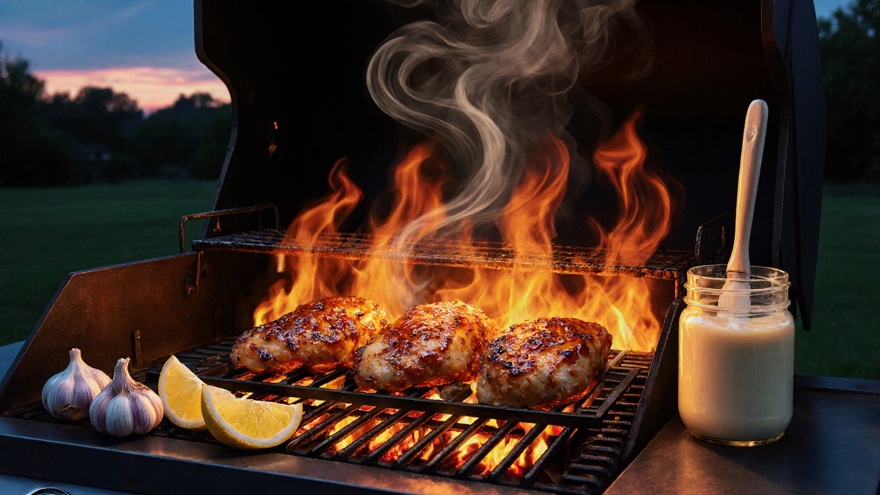 Grilled chicken thighs glazed with glossy mayo coating over flaming grill.