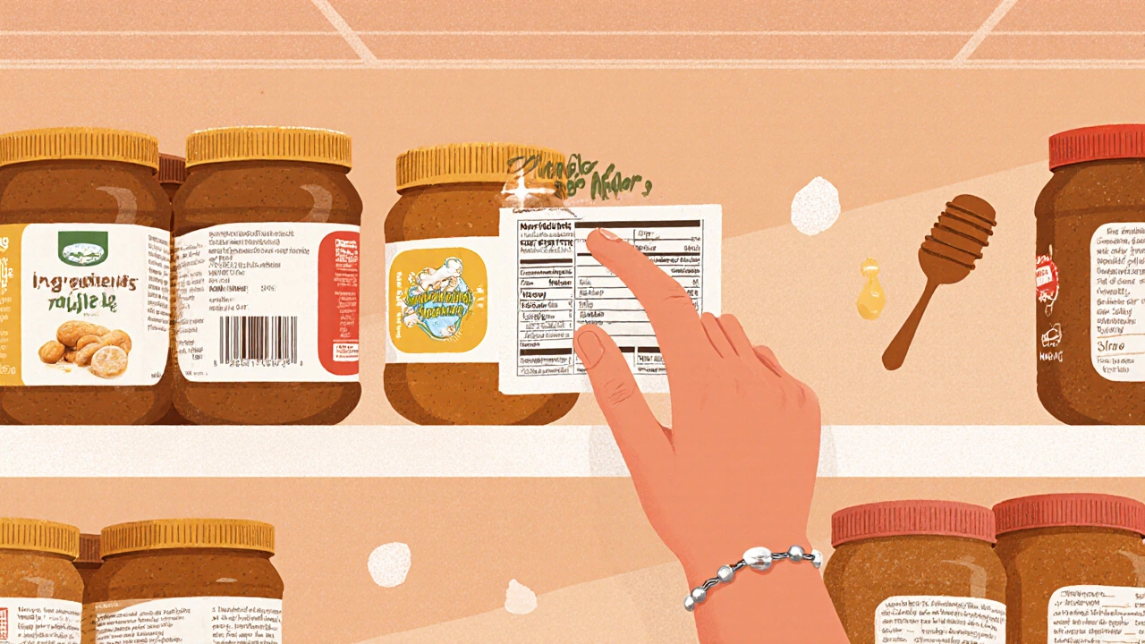 Hand checking a peanut butter jar on a grocery shelf.