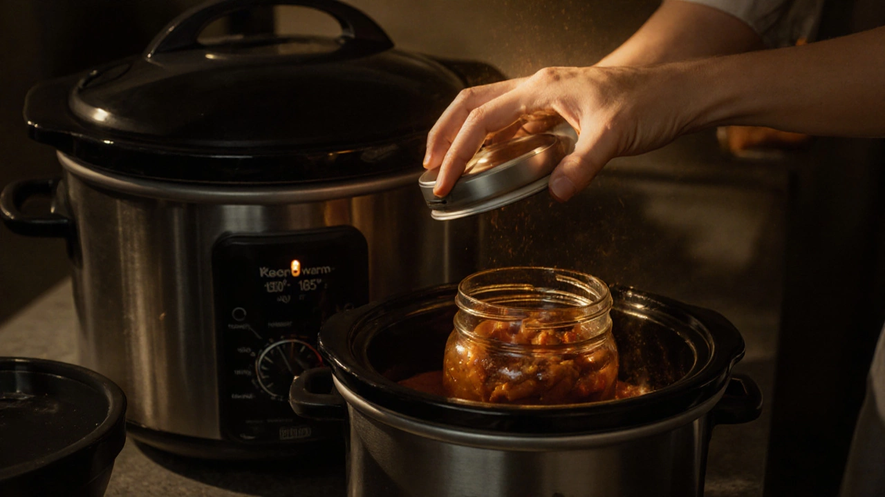 Hand pouring stew from a keep‑warm crockpot into an insulated food jar.
