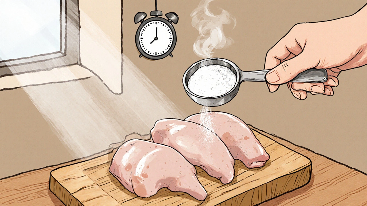 Hands sprinkling baking soda over chicken pieces on a tray, with a measuring spoon and timer.