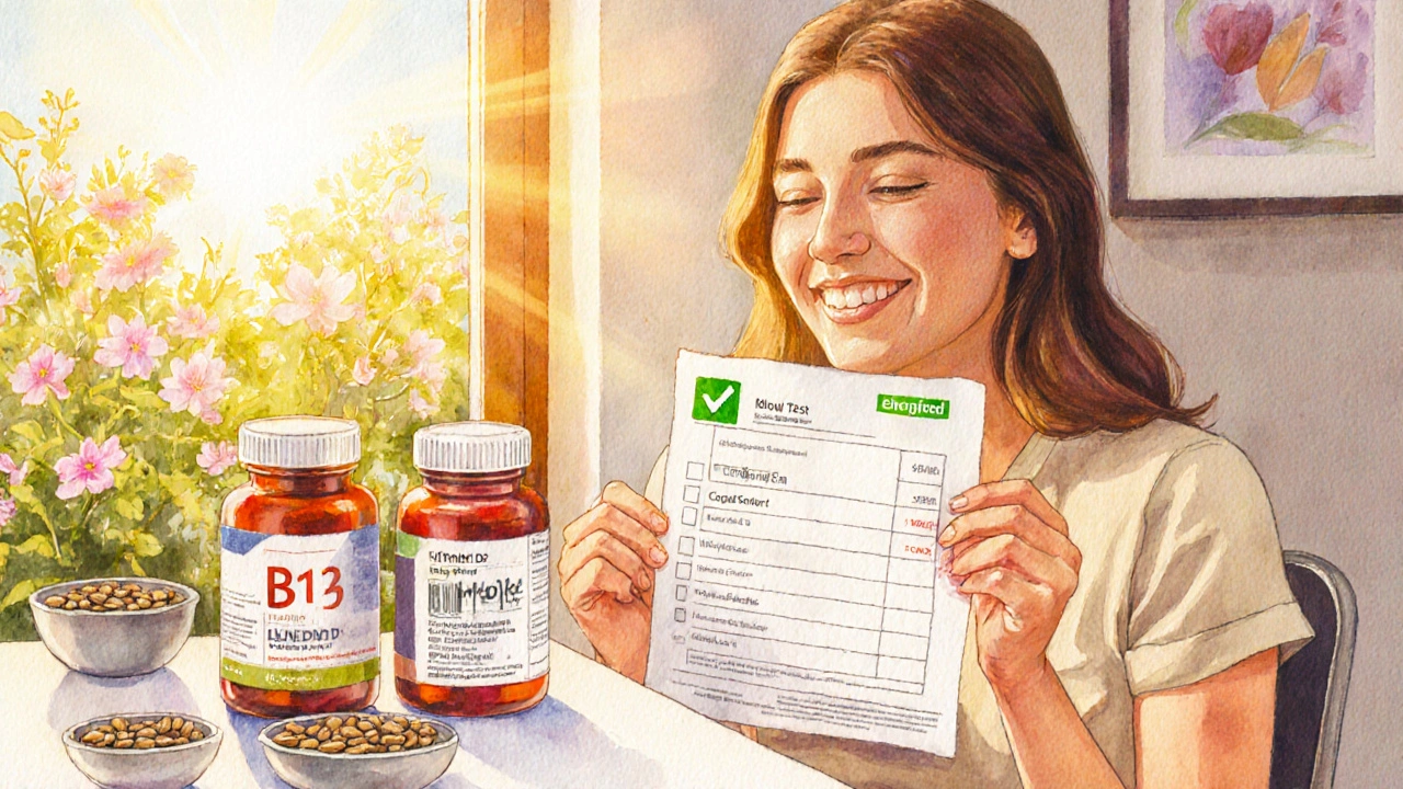 Happy woman holding blood test report, surrounded by B12, Vitamin D, iron supplements and pumpkin seeds.
