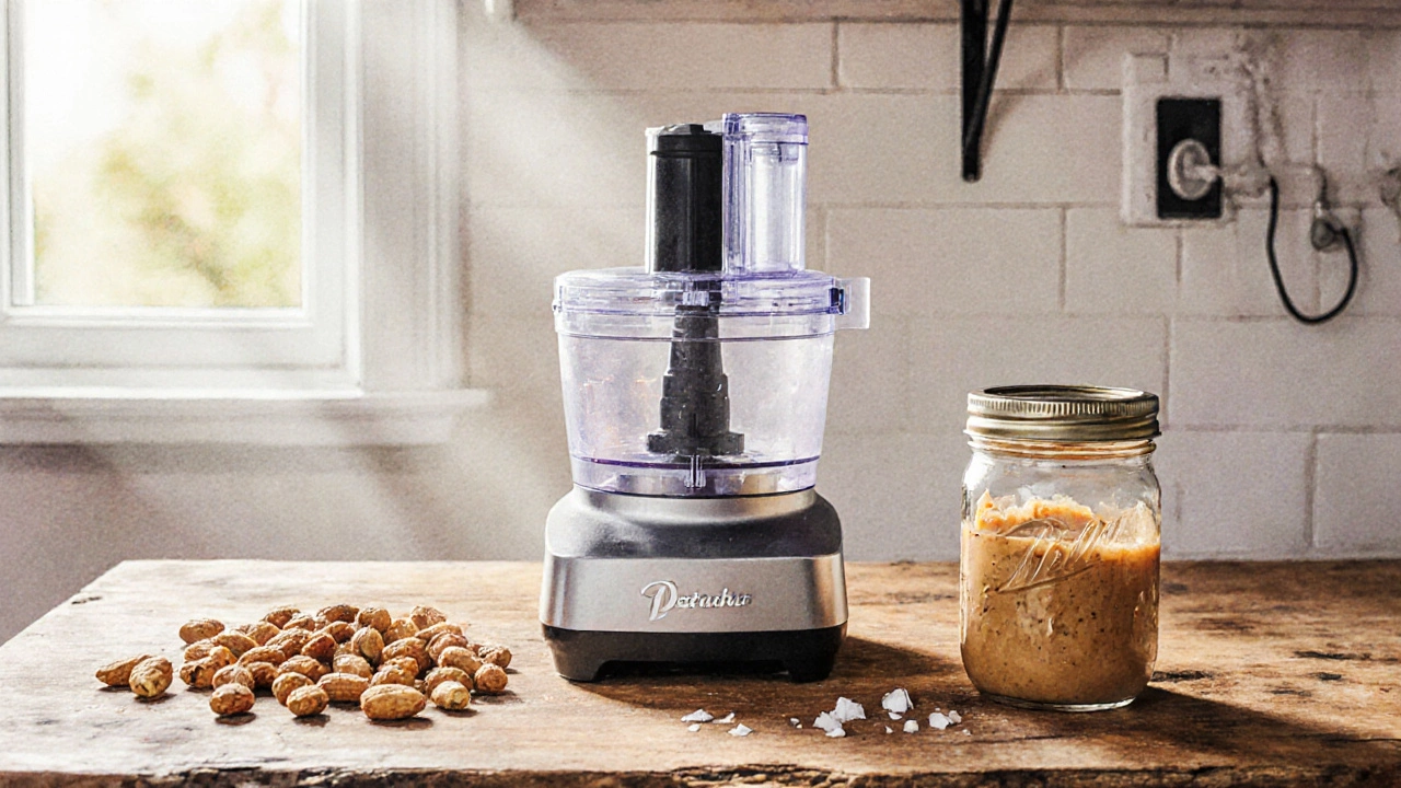 Home kitchen with food processor and homemade peanut butter.