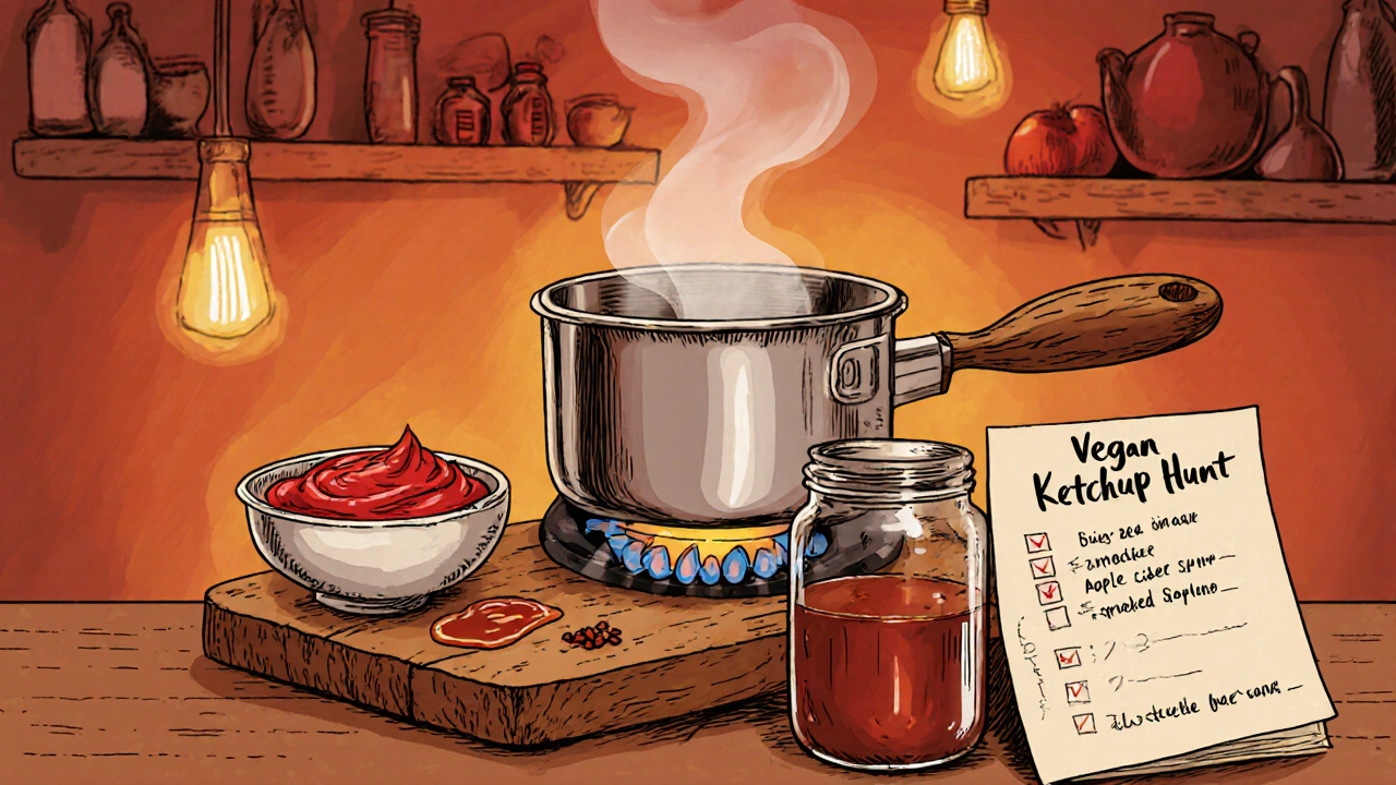 Illustrated kitchen scene of homemade vegan ketchup ingredients being mixed in a saucepan.