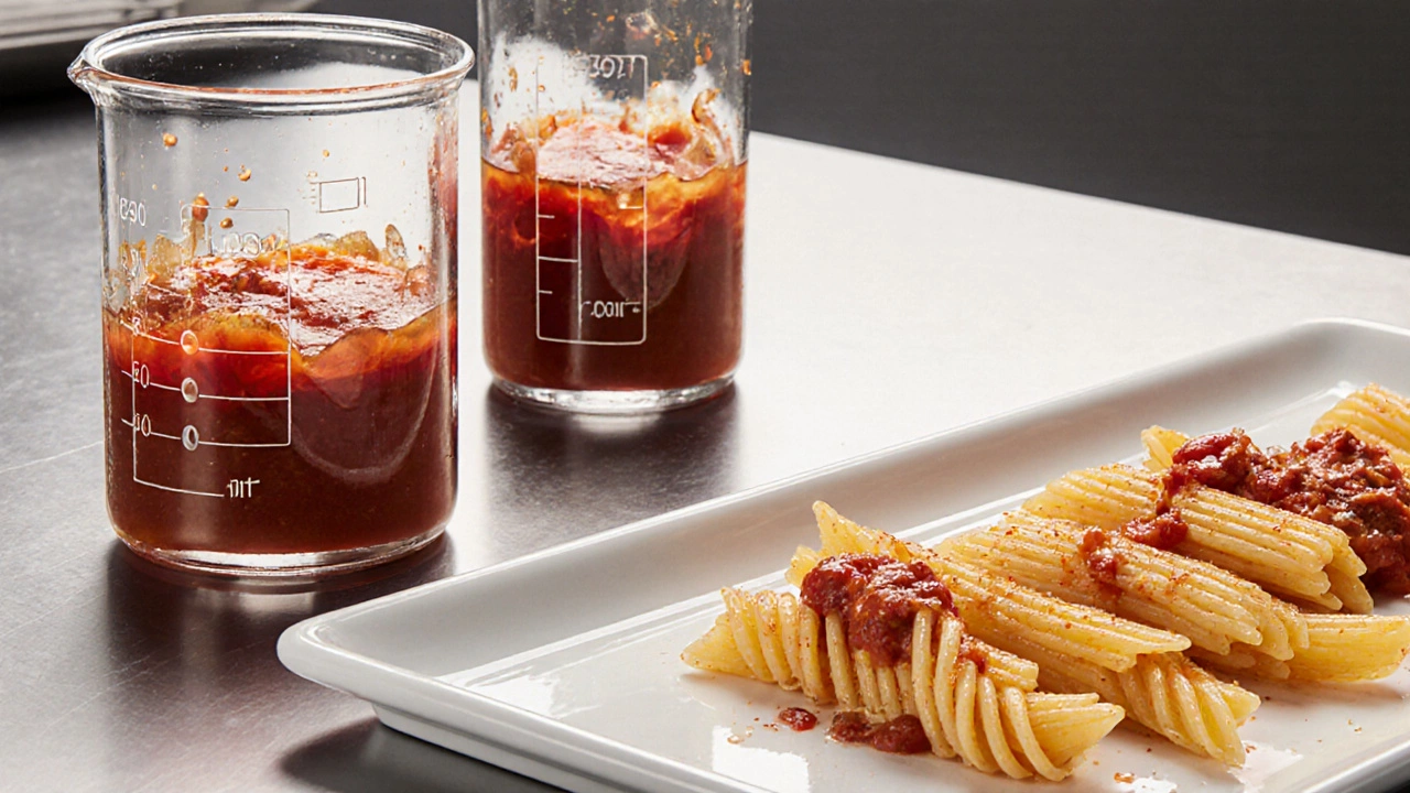 Laboratory scene showing pasta shapes being dipped in sauce, with droplets highlighting sauce retention.