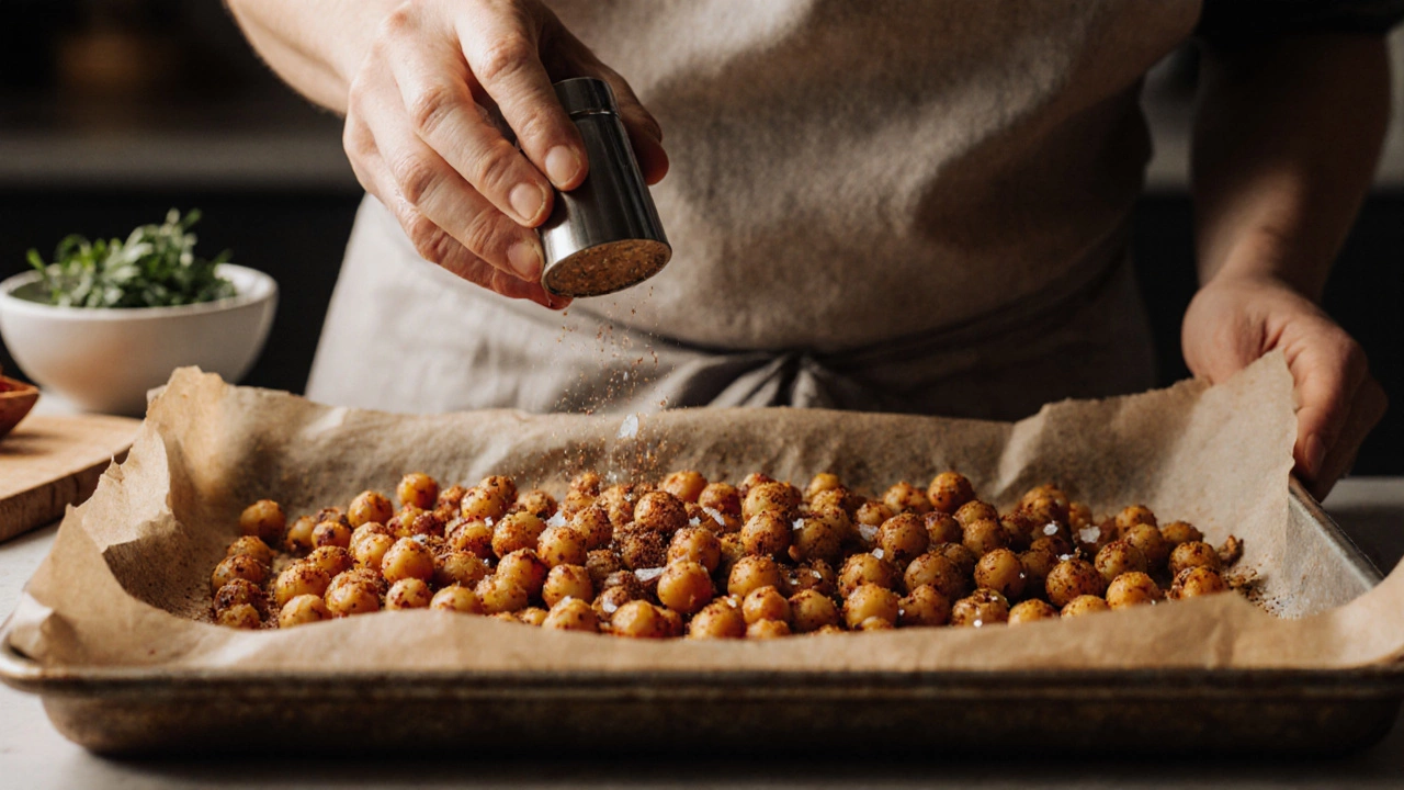 Macro view of roasted chickpeas seasoned with smoked paprika on a baking sheet.