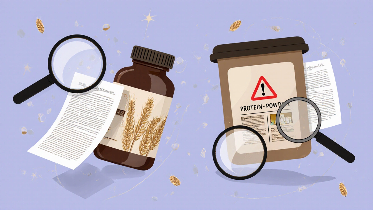 Medicine bottle and protein tub with invisible gluten ingredients revealed through translucent overlays.