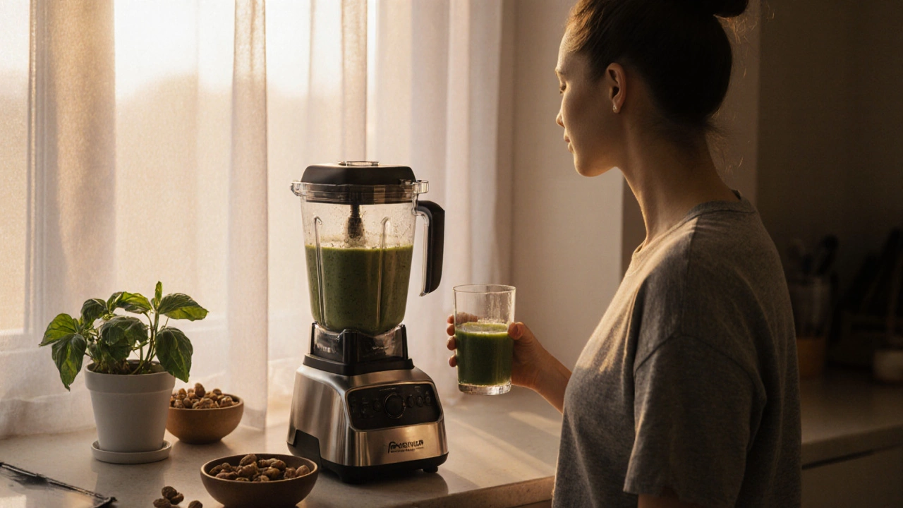 Morning kitchen scene with a person drinking water beside a green smoothie.