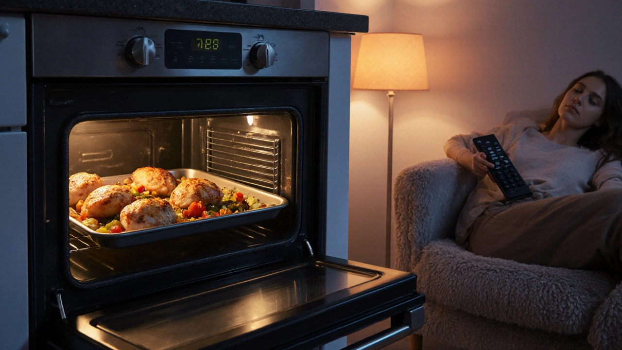 Person relaxing on a sofa while a sheet‑pan chicken and veg bake in the oven.
