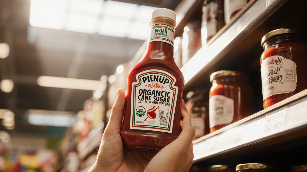 Photorealistic view of a hand holding a ketchup bottle with a vegan seal in a grocery aisle.