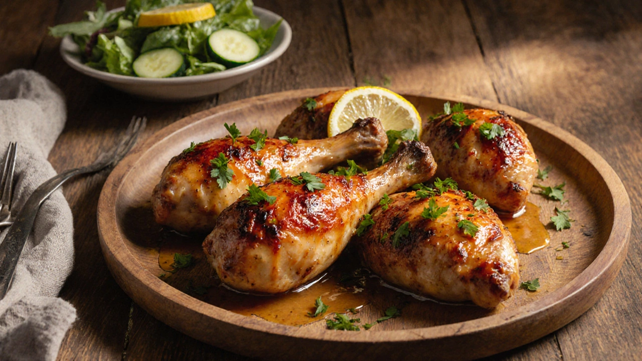 Plate of roasted chicken legs with lemon drizzle and fresh herbs.