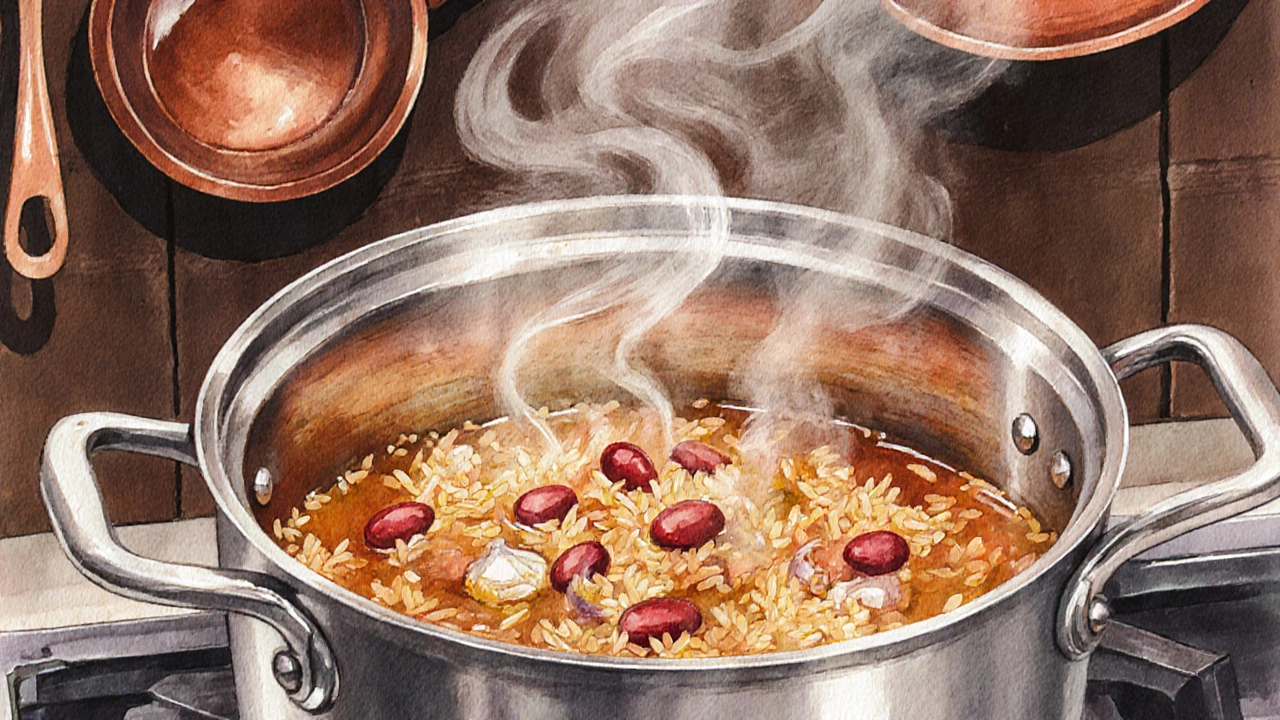 Pot of rice and bean casserole simmering with steam in a rustic kitchen.
