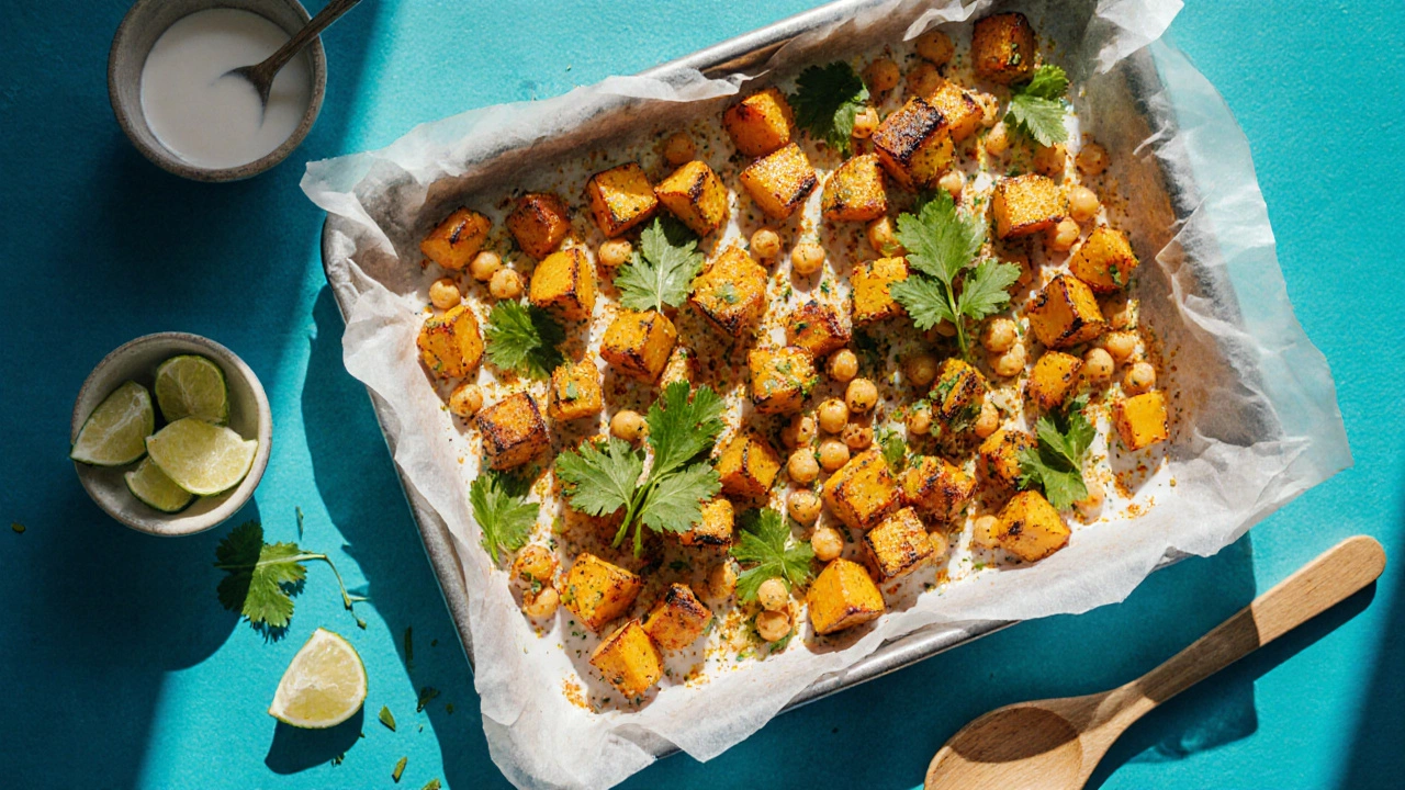 Sheet‑pan roasted chickpeas and sweet potatoes sprinkled with cilantro, ready to serve.