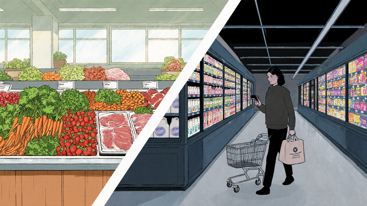 Supermarket perimeter with fresh produce, meat, dairy; shopper bypasses snack aisles.