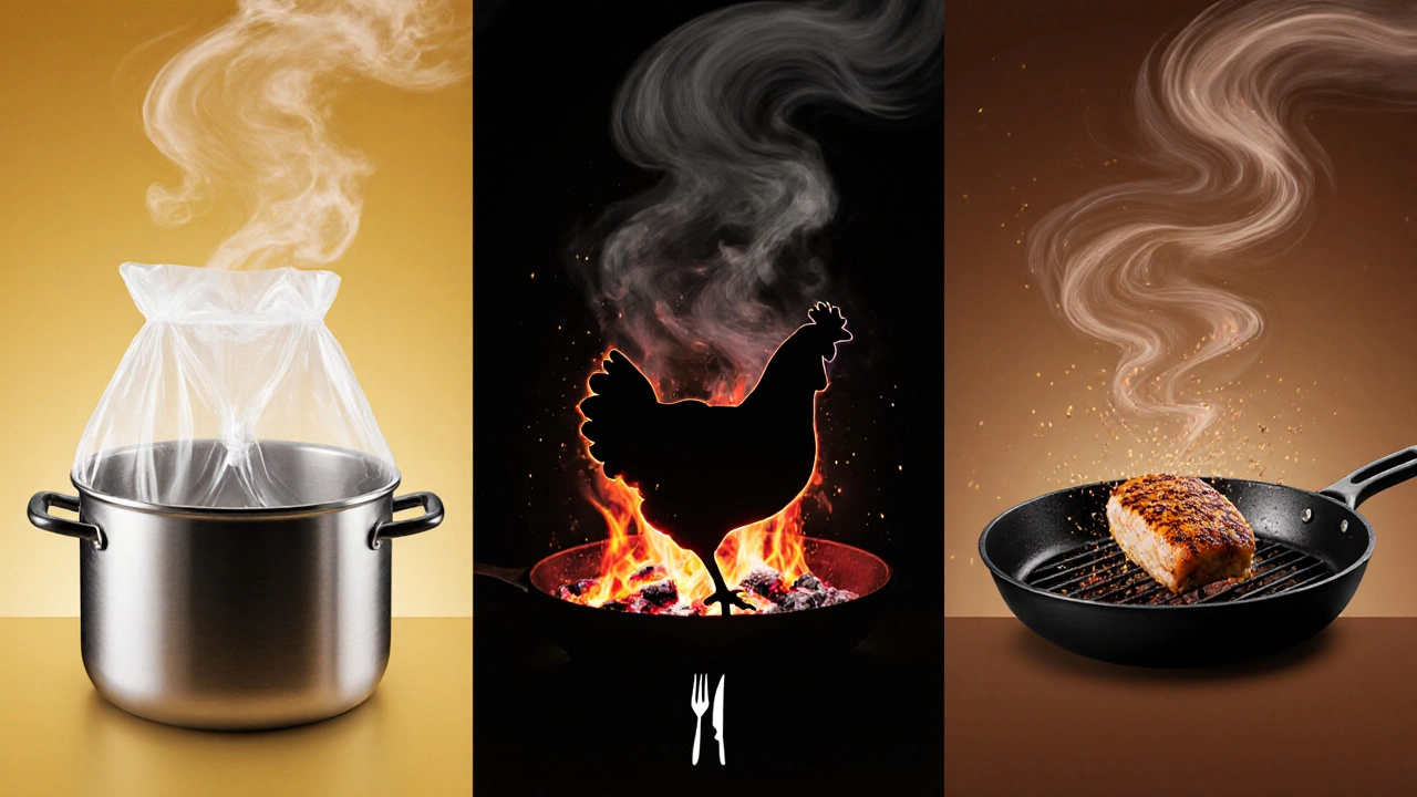 Three panels showing sous‑vide, grilling, and searing techniques with flavor swirls.