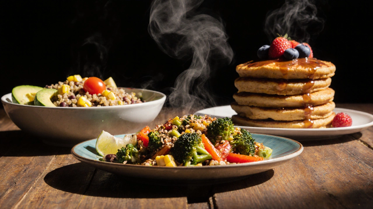 Three plated meals: quinoa‑black bean bowl, millet‑vegetable stir‑fry, and sweet‑potato buckwheat pancakes with berries.