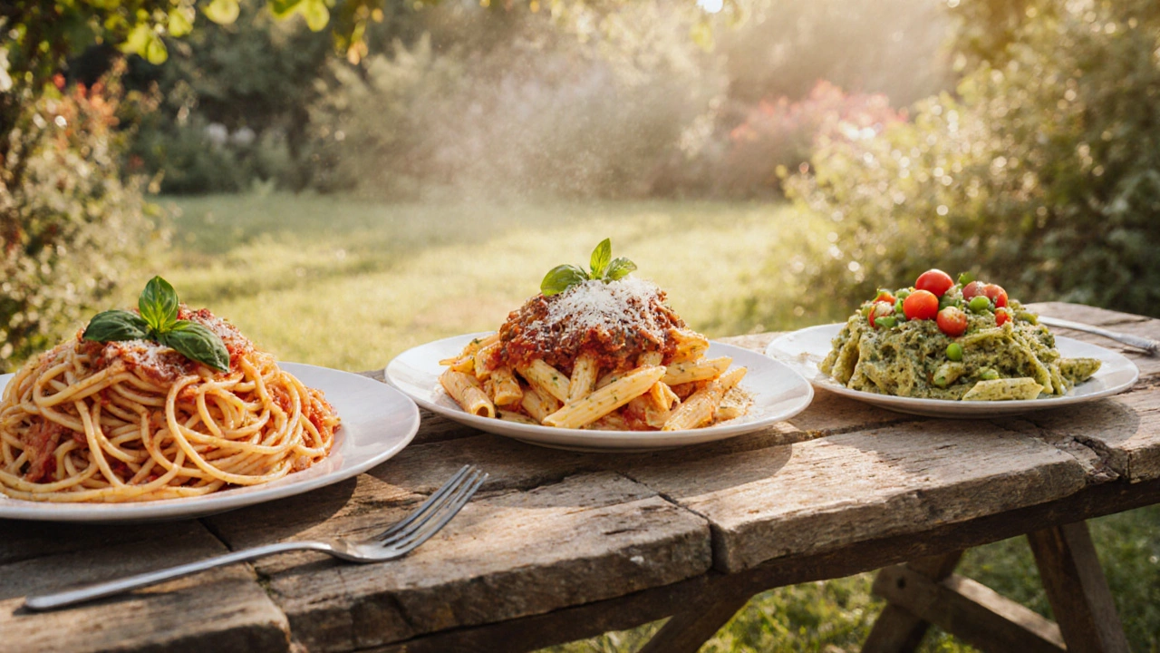 Three plated pasta dishes—spaghetti with marinara, penne with arrabbiata, fusilli with pesto—arranged on a rustic table.