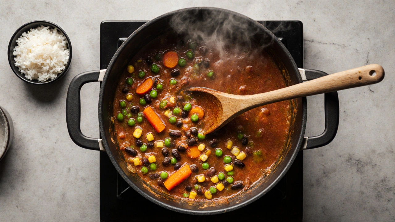 Top‑down view of a pot with colorful vegetables, beans, and sauce simmering.