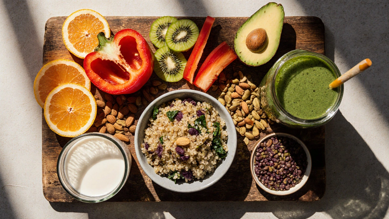 Top‑down view of assorted colorful vegan foods that support skin health.