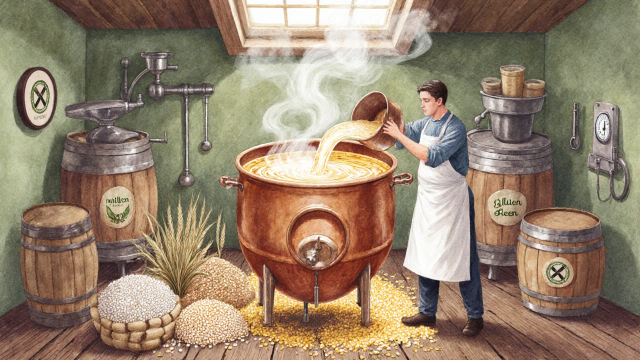 Watercolor brewery scene with sorghum, rice, millet, corn grains and a copper fermenter.