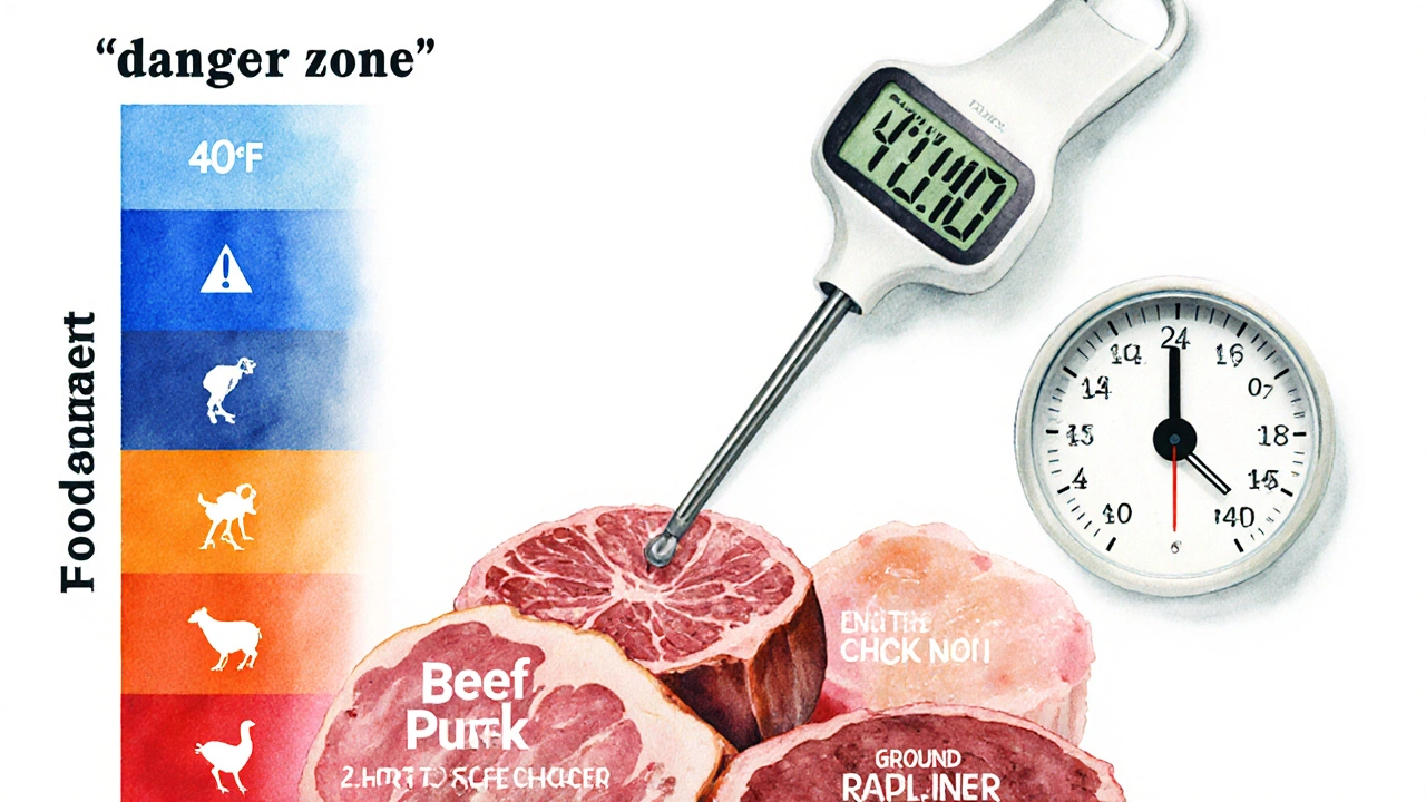 Watercolor illustration of danger‑zone temperature range with meat timers and a thermometer.