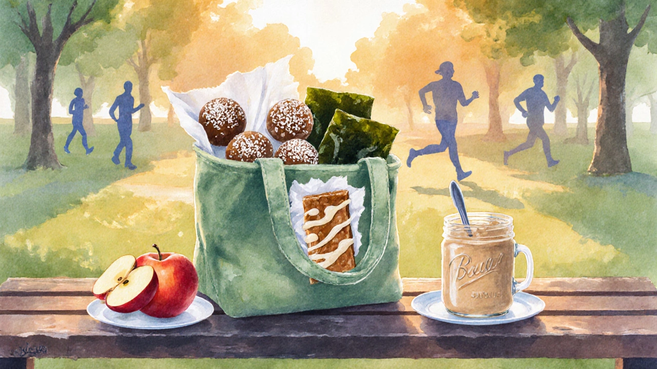 Watercolor of a park bench snack tote with energy balls, oat bar, fruit leather, seaweed, and apple slices.