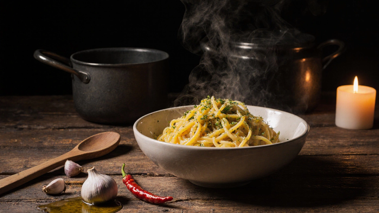 A bowl of garlic and oil pasta with garlic cloves and chili on a wooden table.