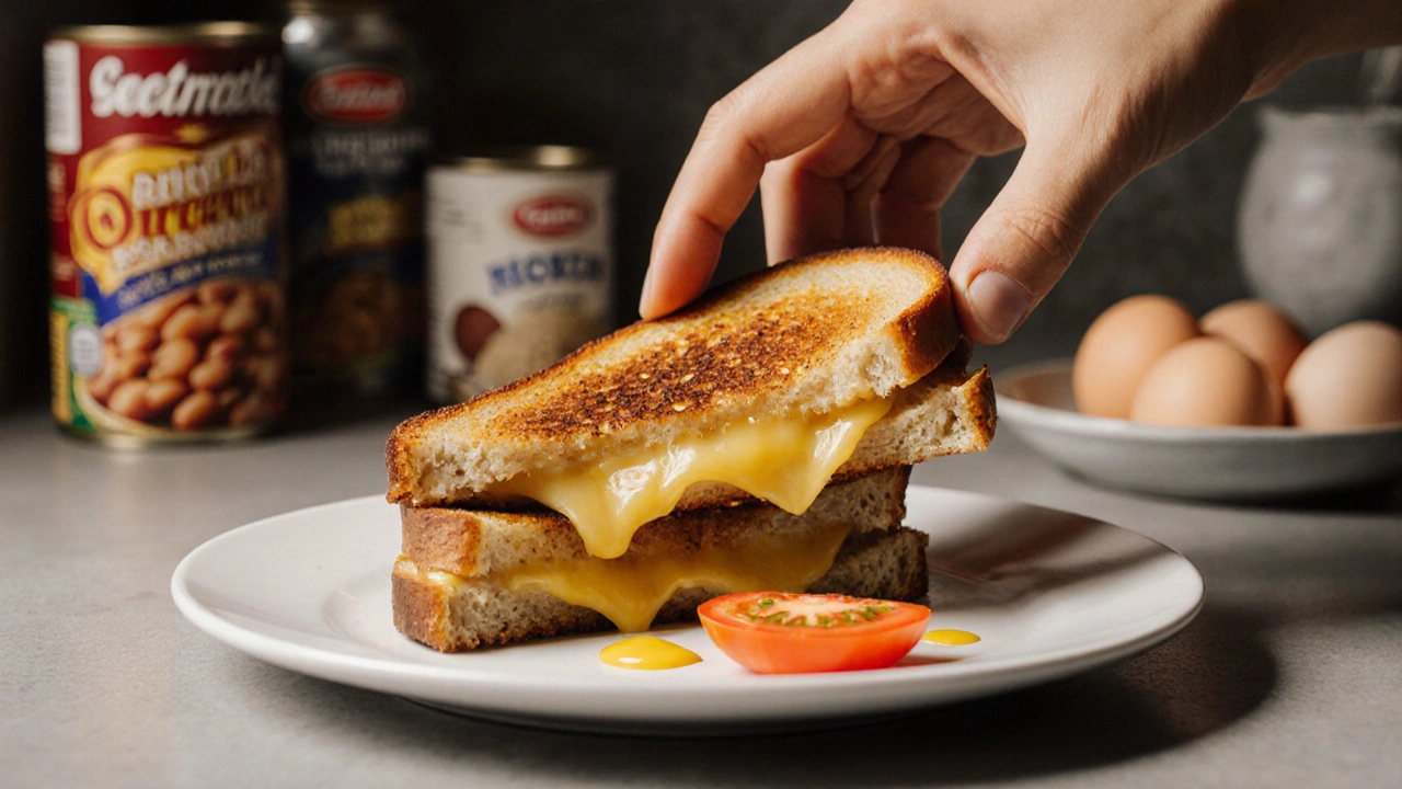 A grilled cheese sandwich with tomato and mustard on a plate, pantry items blurred in background.