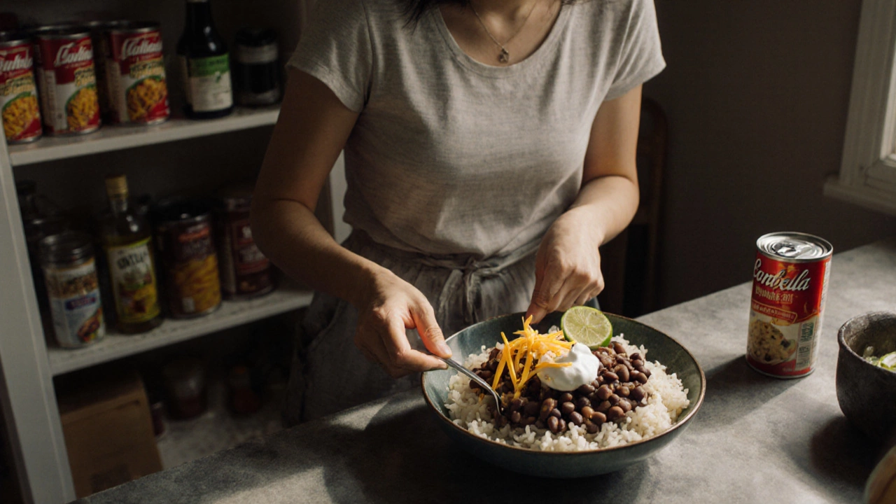 A simple bean and rice bowl topped with cheese and lime, beside pantry staples like pasta and olive oil.