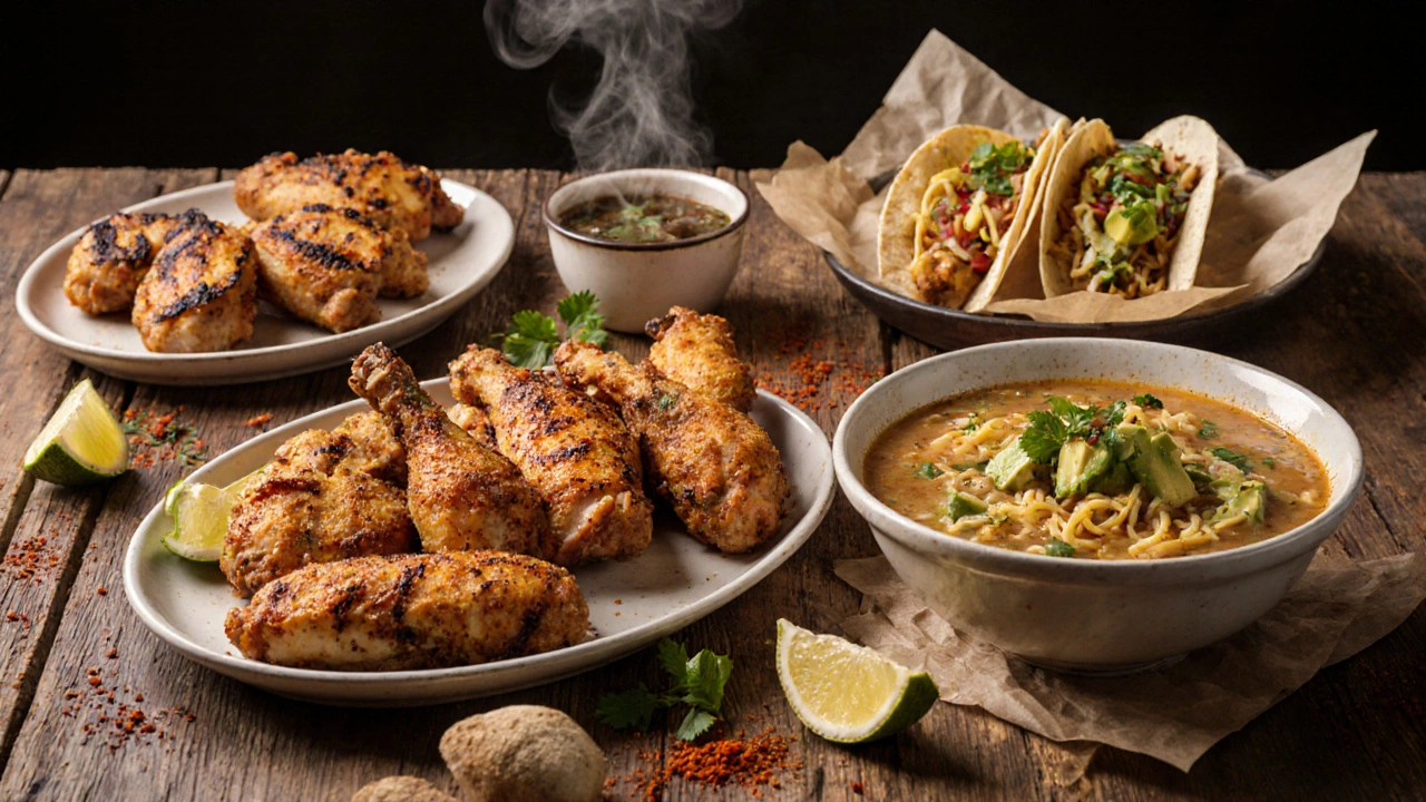 Assortment of American chicken dishes including grilled breasts, fried wings, tacos, and soup.