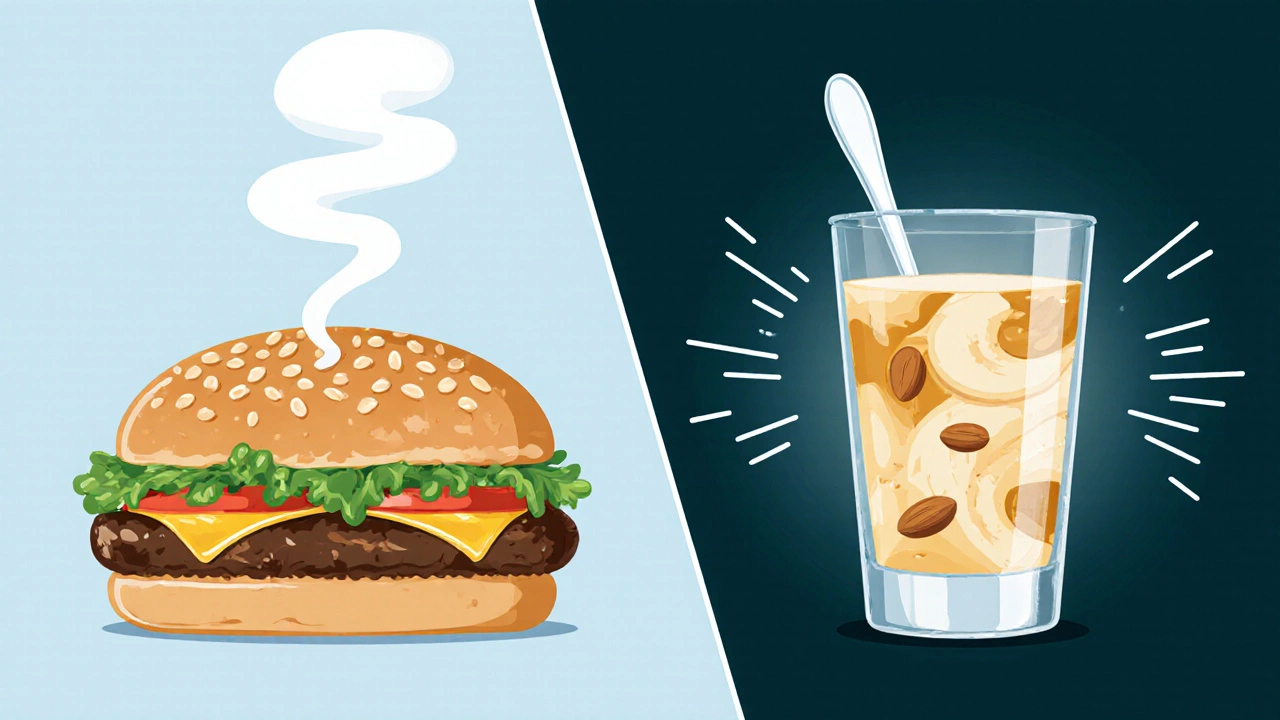 Comparison of slow-digesting burger vs. fast-digesting banana smoothie.