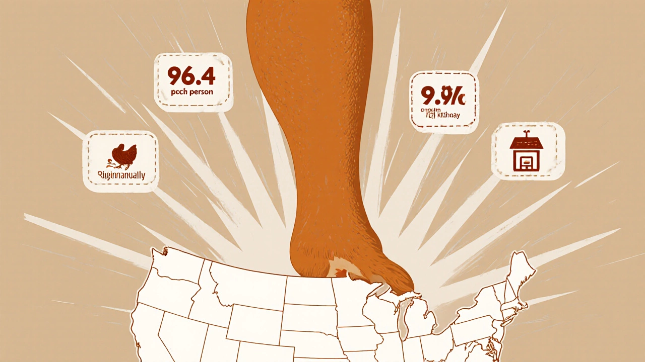 Giant chicken leg over a U.S. map with icons representing consumption and production statistics.