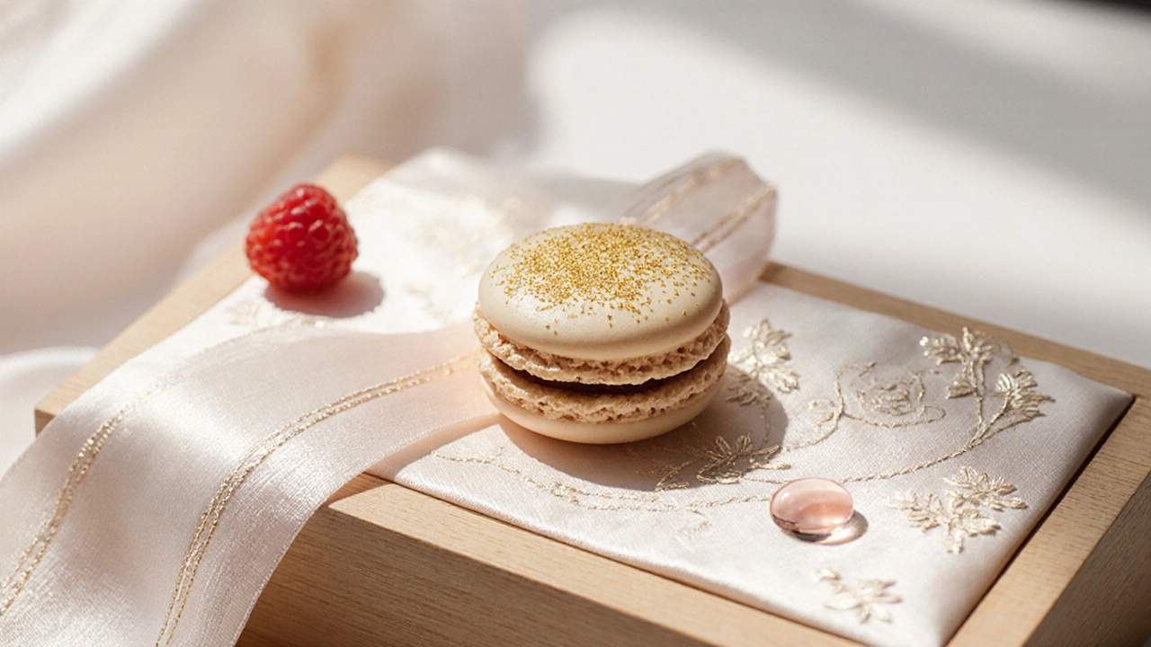 Gold-dusted macaron on silk-lined wooden box with a raspberry and rosewater drop.