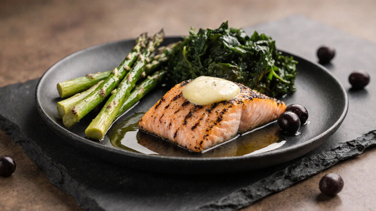 Grilled salmon with garlic butter, roasted asparagus, and sautéed kale on a slate board.